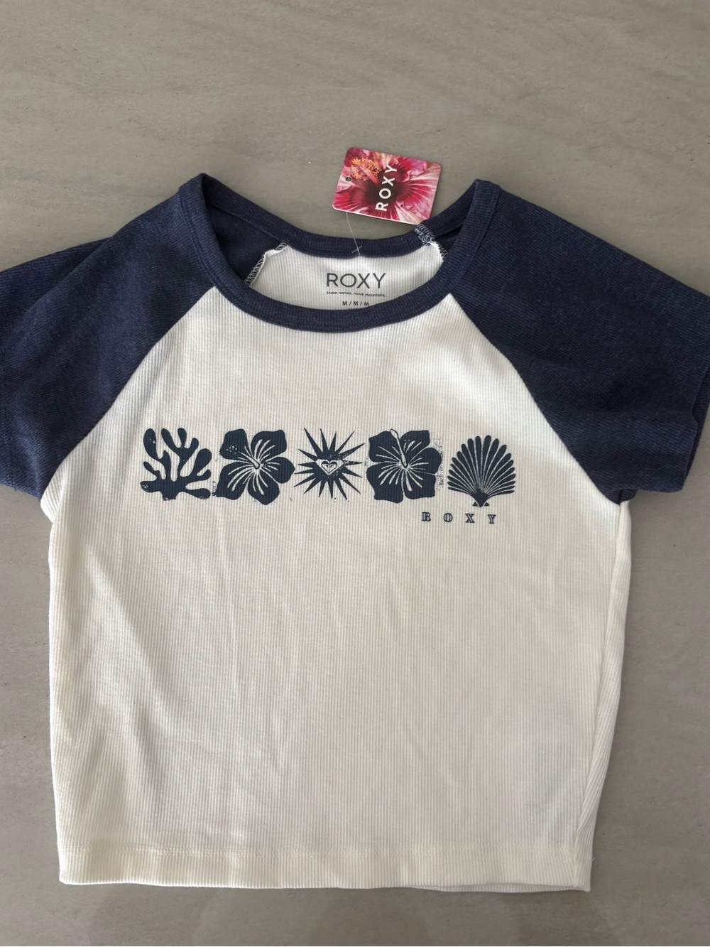 Roxy White Tee with Navy Raglan Sleeves & Floral Graphic